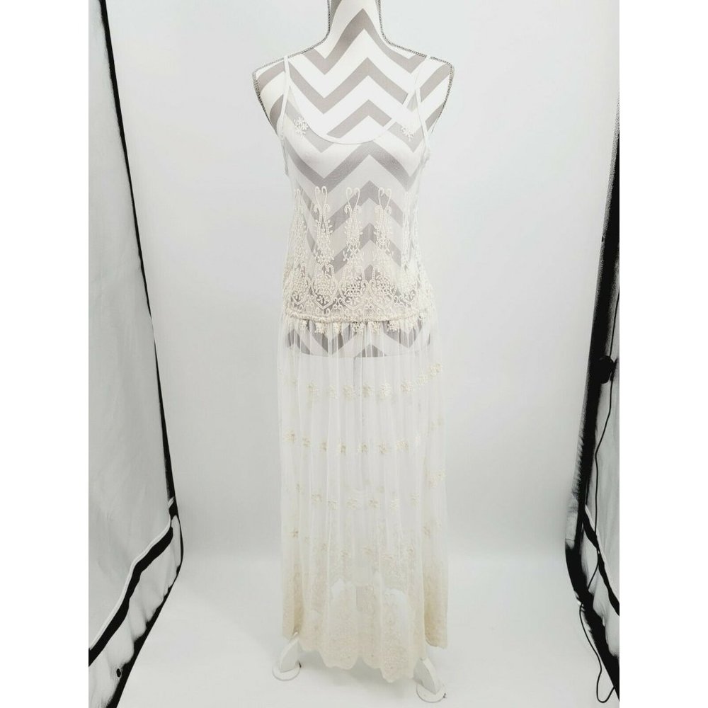 Gypsy Junkies Sasha Floral Embroidered Mesh Maxi Slip Dress Size S/M Filigree - Picture 2 of 12